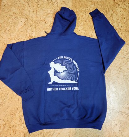 Mother Trucker Yoga Navy Blue Hoodie Back