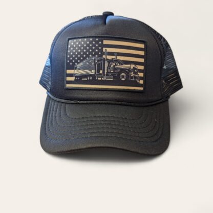 Traditional Trucker Foam Hat – Sepia American Flag & Semi Truck Patch - Image 3